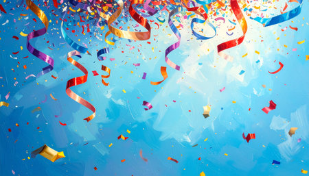 Colorful confetti and streamers on blue background. Party conceptの素材