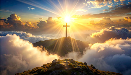 Cross on the top of the mountain in the rays of the rising sunの素材