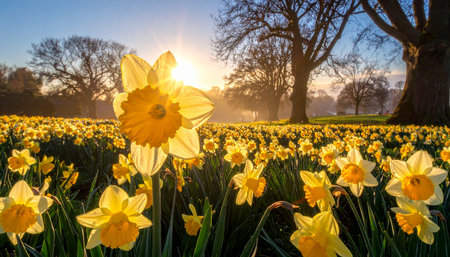 Daffodils in a daffodil field at sunsetの素材