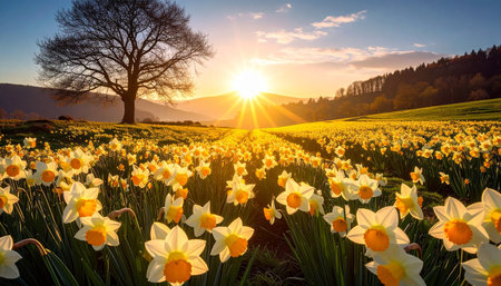 Daffodil field at sunrise. Beautiful spring landscape with daffodils.の素材