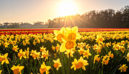 Daffodils and tulips in an agricultural field in Hollandの素材