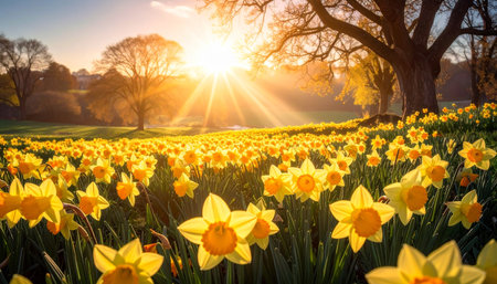 Sunset over daffodils in Keukenhof park in Hollandの素材