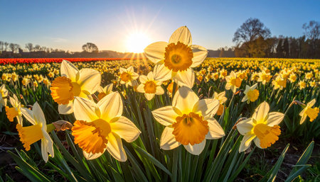 Daffodils in an agricultural field in sunlight at springtimeの素材