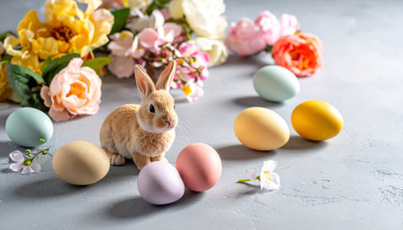 Easter composition with colorful eggs, bunny and flowers on grey backgroundの素材