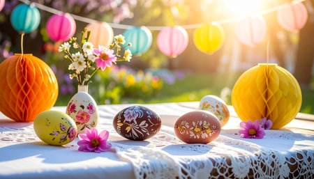 Colorful easter eggs decorated with flowers on the table in the gardenの素材