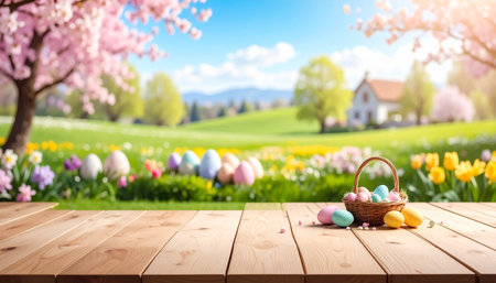 Easter eggs in basket on wooden table with blurred spring flowers background.の素材