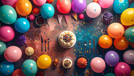 Birthday cake with colorful balloons and confetti on dark grunge backgroundの素材