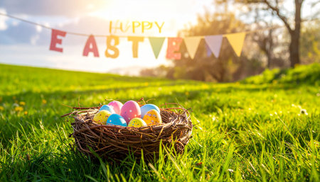 Colorful Easter eggs in a basket on the green grass in a sunny dayの素材