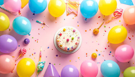 Birthday cake with colorful balloons and confetti on pink background, top viewの素材