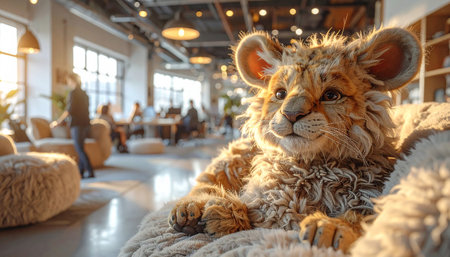 Cute lion cub sitting on sofa in living room at home.の素材