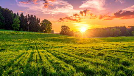 Sunset or sunrise in a green field with grass and trees. Landscape.の素材