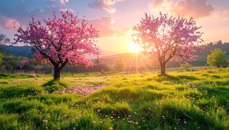 Cherry blossoms on a meadow at sunset. Beautiful spring landscapeの素材