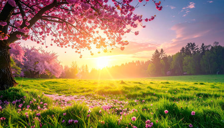 Spring landscape with blooming sakura tree and green meadow at sunsetの素材