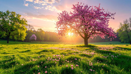 Beautiful spring landscape with blooming tree and meadow at sunsetの素材