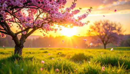 Cherry blossoms in bloom in spring at sunset. Beautiful landscape.の素材