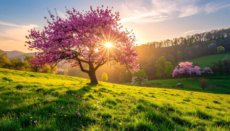 Beautiful spring landscape with blooming sakura tree on meadow at sunsetの素材
