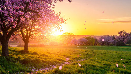 Sunset over blooming meadow with cherry trees in springtimeの素材