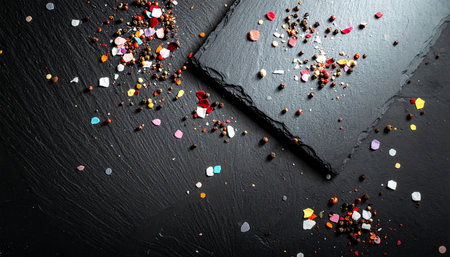 colorful confetti on black stone background, top view, flat layの素材