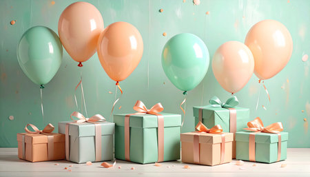 Gift boxes with ribbons and balloons on turquoise wallの素材