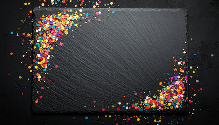 black slate board with multicolored confetti on black background, top viewの素材