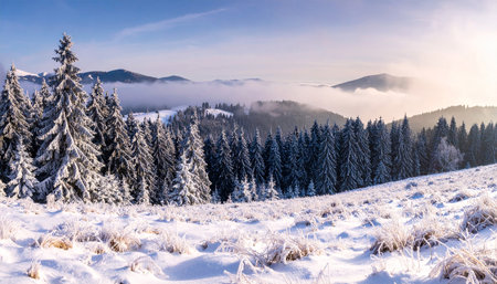 Fantastic winter landscape. Dramatic wintry scene. Carpathian, Ukraine, Europe. Beauty world.の素材