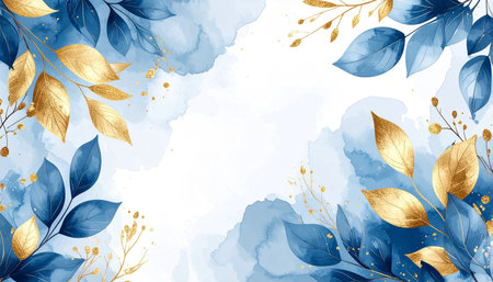 Blue watercolor background with leaves and gold floral elements. Vector illustration.の素材