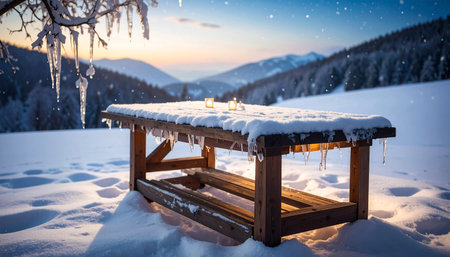 Wooden table covered with snow and ice in the mountains at sunsetの素材