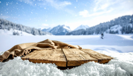 Empty wooden table with winter landscape background. Ready for product display montageの素材