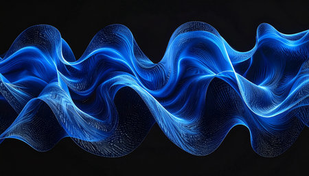 Abstract blue wave on a black background. 3d rendering, 3d illustration.の素材