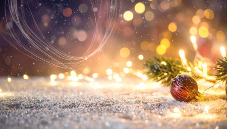 Christmas background with snow, Christmas balls and bokeh lights.の素材