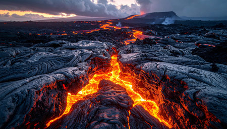 Volcanic eruption in Hawaii Volcanoes National Park at sunsetの素材
