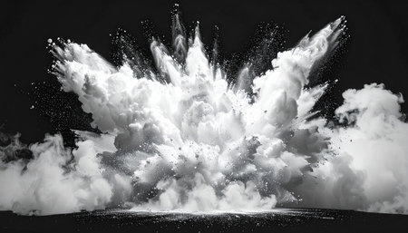 Explosion of white smoke on black background. 3D rendering.の素材