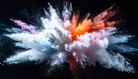 Explosion of colored powder, isolated on black background. 3d renderingの素材