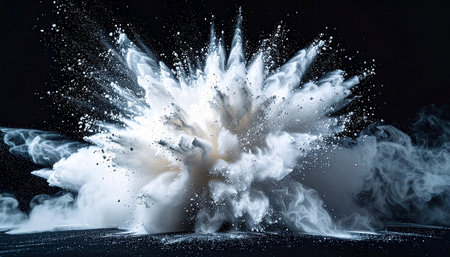 Explosion of white powder on black background. 3D rendering.の素材