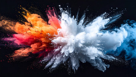 Colorful abstract powder explosion on black background. Colorful cloud of smoke.の素材