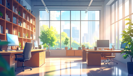 Modern office interior. Workplace and city view. 3D Renderingの素材
