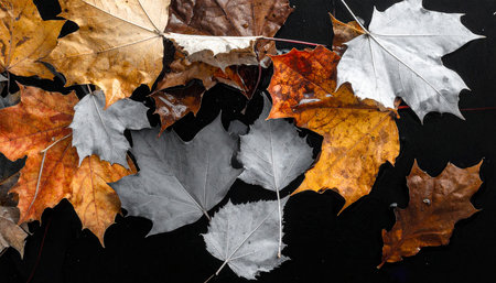 Colorful autumn leaves on a black background. The concept of autumn.の素材