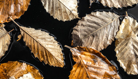 Dry autumn leaves floating on the water surface. Autumn background.の素材