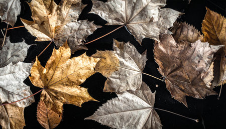 Dry leaves on a black background. Autumn background. Top view.の素材