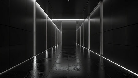 Futuristic corridor with glowing lights. 3d rendering mock upの素材