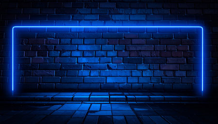 Blue neon sign on brick wall background. 3d render illustration.の素材