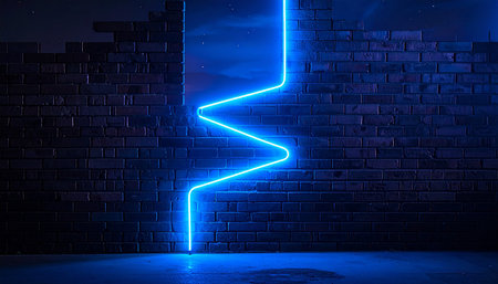 Neon light arrow on brick wall background. 3D Renderingの素材
