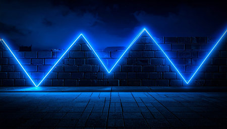 Blue neon lights on dark brick wall background. 3D Renderingの素材