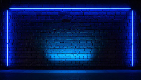 Blue neon lights on brick wall background. 3D Rendering.の素材