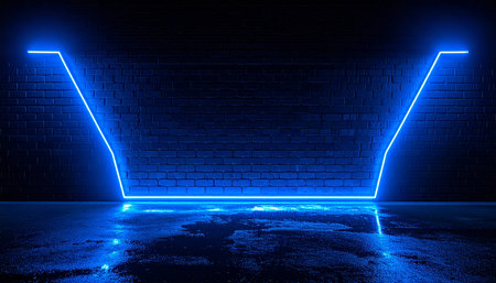 3D rendering, abstract background with neon lights. Glowing neon lines in empty dark room with brick wall and floor.の素材