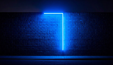 Blue neon light on brick wall, 3d rendering. Computer digital drawing.の素材