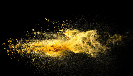 Explosion of yellow powder isolated on black background. Abstract colored backgroundの素材