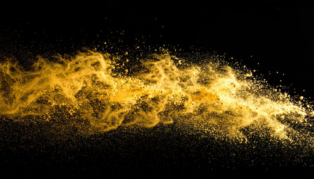 Explosion of yellow powder on black background. Abstract colored background.の素材