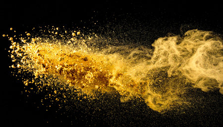 Explosion of yellow powder on a black background. Abstract background.の素材