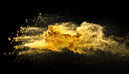 Explosion of yellow powder on black background. 3d rendering.の素材